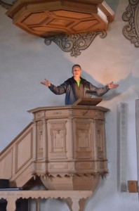 Standing in the pulpit of the church my mom's side of the family (Kropf) would have worshipped in the late1600's in Schwarzenegg, Switzerland.